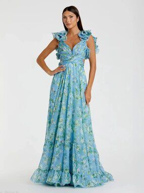 Mac Duggal Blue Ruffle Tiered Floral Cut-Out Chiffon Gown